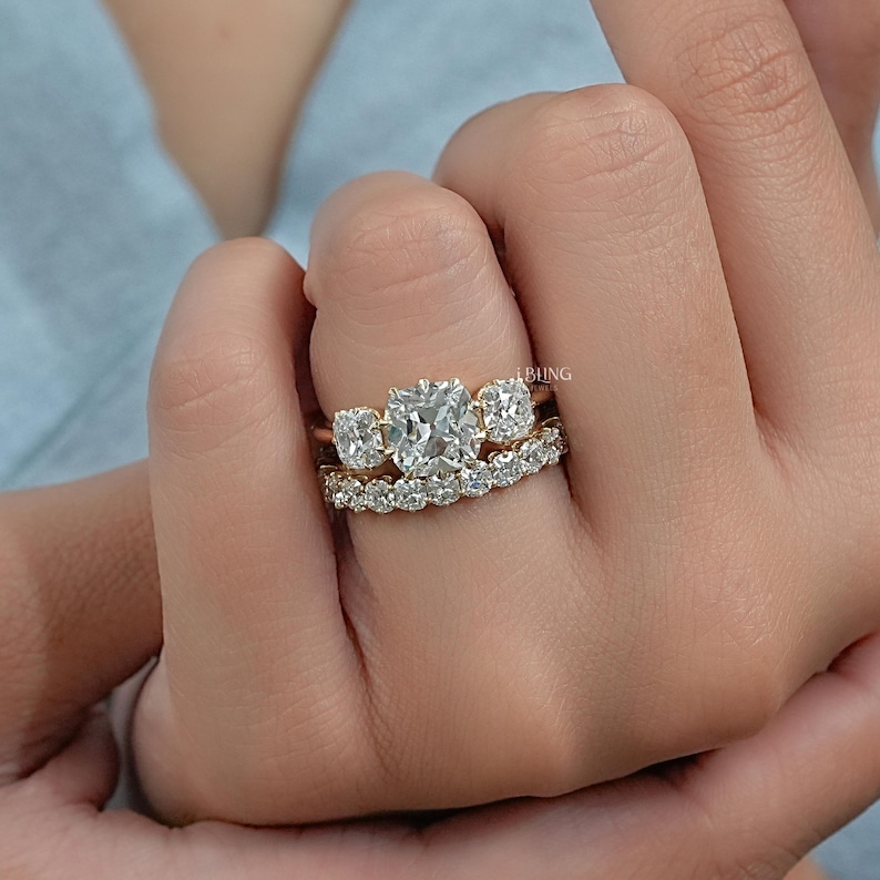 Old Mine Cushion Lab Diamond Bridal Ring Set/ CVD Diamond Matching Eternity Band/ Man Made Diamond Three Stone Ring/ Custom Ring Set For Her
