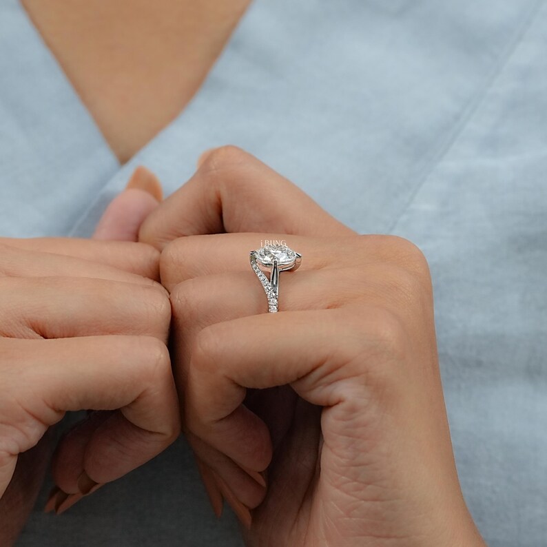 Round Cut Lab Grown Diamond Bypass Wedding Ring / Half Eternity Round Diamond Solitaire Accent Engagement Ring / Anniversary Gift For Her