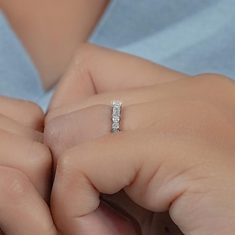 Baguette Cut Lab Diamond East West Set Band/ Round Cut CVD Diamond Half Eternity Band/ Dainty Stackable Diamond Band/ Wedding Band For Her