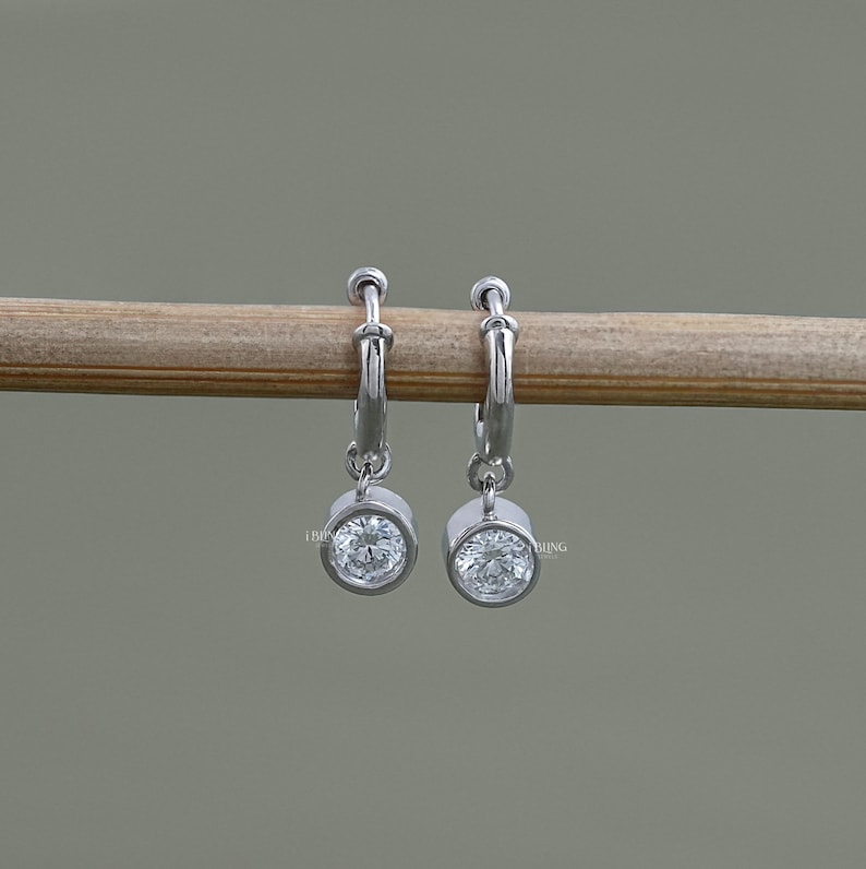 Round Cut Lab Diamond Hoop Earrings  Bezel Set CVD Diamond Dangle Earrings  Solid Gold Women's Earrings  Huggie Hoop Earrings For Her