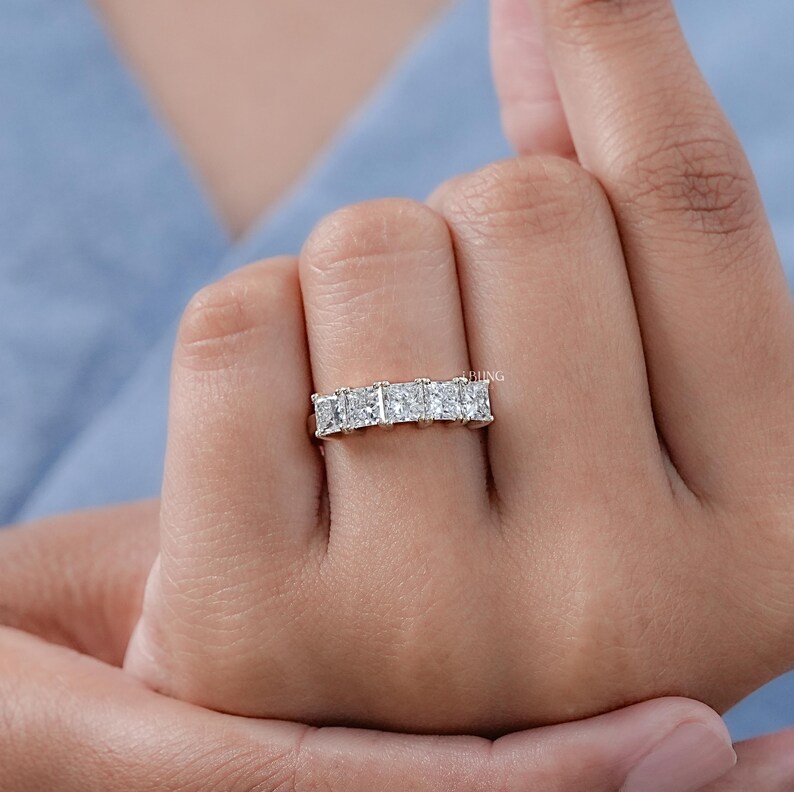 Princess Cut CVD Diamond Five Stone Ring / EF-VS Lab Wedding Ring / Anniversary Ring For Wife / Hand Made Diamond Proposal Ring