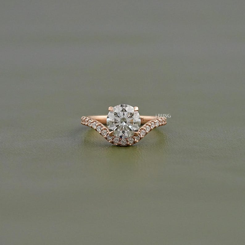 Round Cut Lab Diamond Engagement Ring/ CVD Diamond Solitaire With Accent Ring/ Eco Friendly Diamond Bridal Ring/ Anniversary Ring For Wife