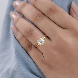 Asscher Cut Lab Grown Diamond Solitaire Bezel Ring / 14K Solid Gold Prong Set Engagement Ring / EF-VS CVD Diamond Engagement Gift For Mom