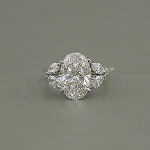 Oval Cut Lab Grown Diamond Split Shank Engagement Ring / Marquise Cut Side Diamond Prong Set Wedding Jewelry / Personalized Gift For Her