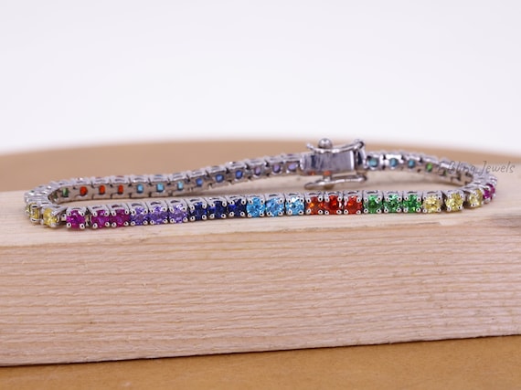 Rainbow Diamond Bracelet 925 Sterling Silver Tennis Bracelet multi