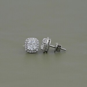 CVD Diamond Cushion Stud Earrings  Halo Lab Grown Diamond Women's Earrings  14K White Gold Screw Back Lab Made Diamond Bridal Earrings