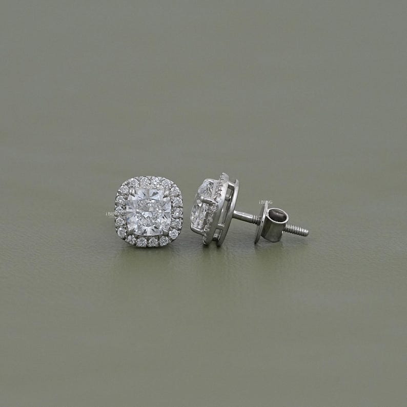 CVD Diamond Cushion Stud Earrings  Halo Lab Grown Diamond Women's Earrings  14K White Gold Screw Back Lab Made Diamond Bridal Earrings