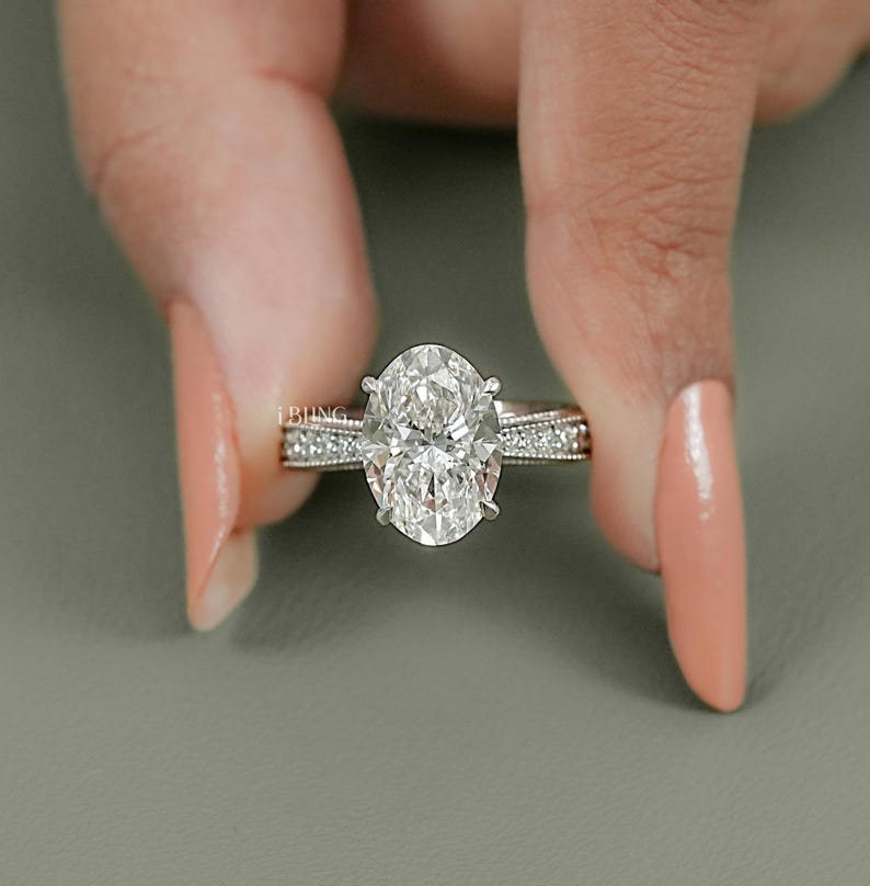 Oval Cut Lab Grown Diamond Solitaire Wedding Ring / Round Cut CVD Diamond Shared Prong Engagement Ring For Women / Anniversary Gift For Her