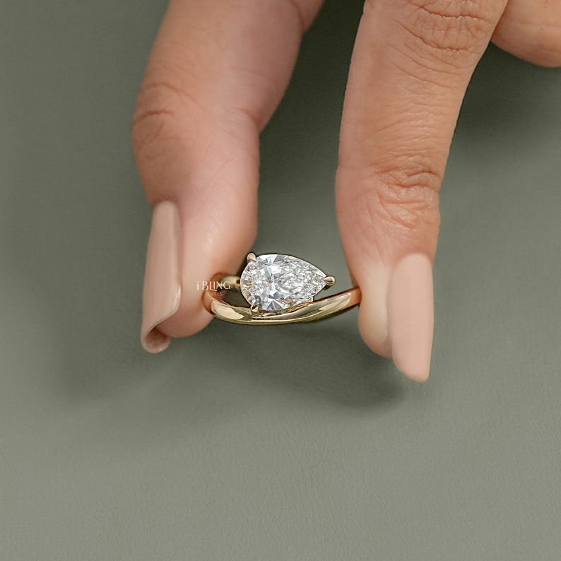 Pear Cut Lab Grown Diamond Solitaire Ring/ Eco Friendly Diamond Engagement Ring/ CVD Diamond East West Set Curved Bridal Ring/ Gift For Wife