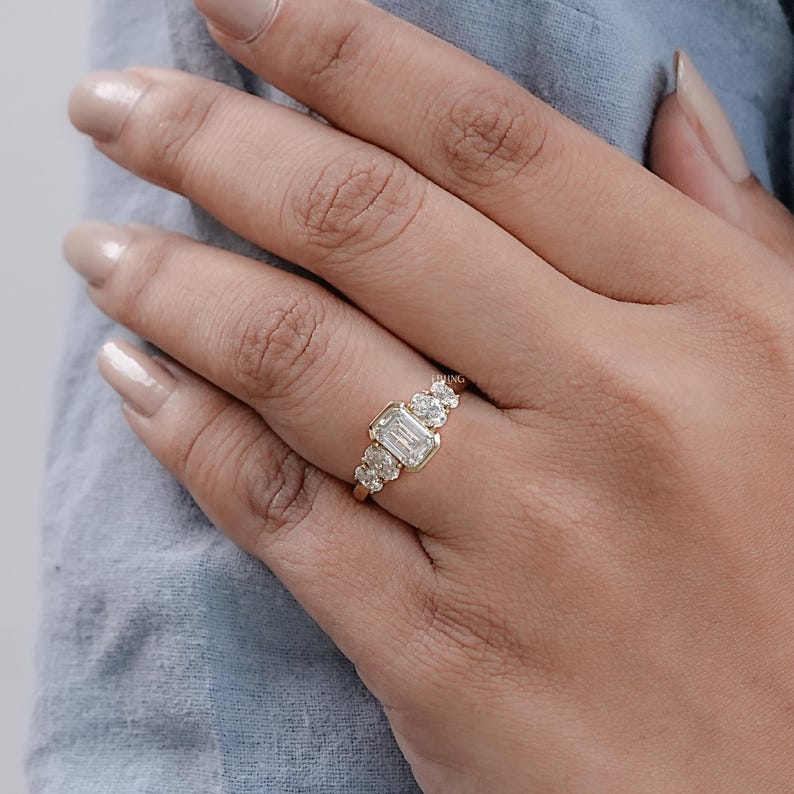 Emerald Cut CVD Diamond Five Stone Engagement Ring / EF-VS Diamond Proposal Ring / Side Diamond Oval Cut Customized Wedding Ring For Her