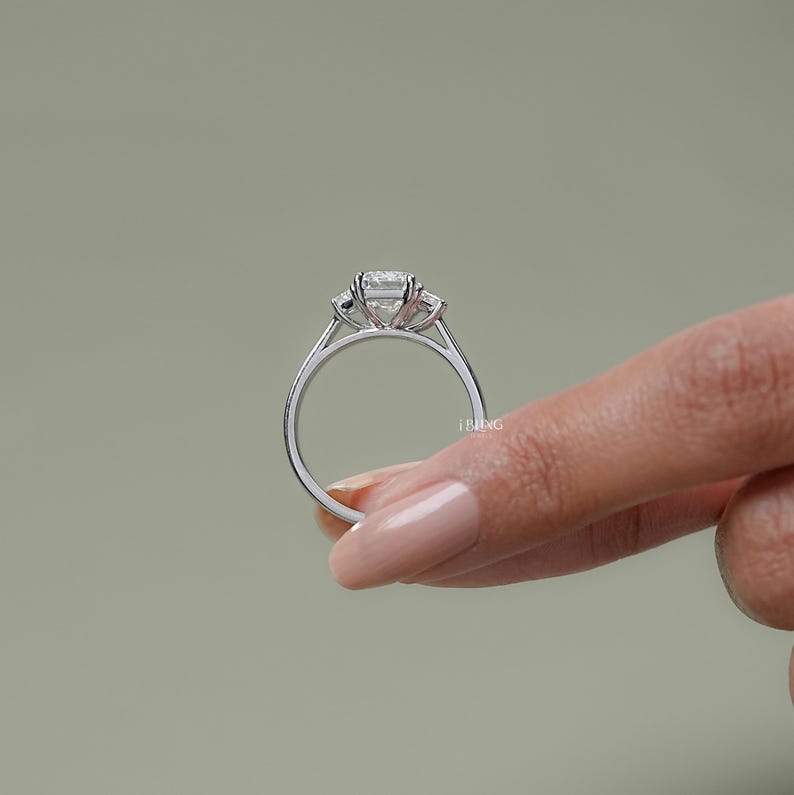Emerald Cut Lab Diamond Three Stone Ring Step Cut Trapezoid Bridal Ring For Wedding Solid Gold Trilogy Ring Conflict Free Diamond Ring