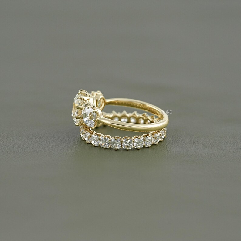 Old Mine Cushion Lab Diamond Bridal Ring Set/ CVD Diamond Matching Eternity Band/ Man Made Diamond Three Stone Ring/ Custom Ring Set For Her