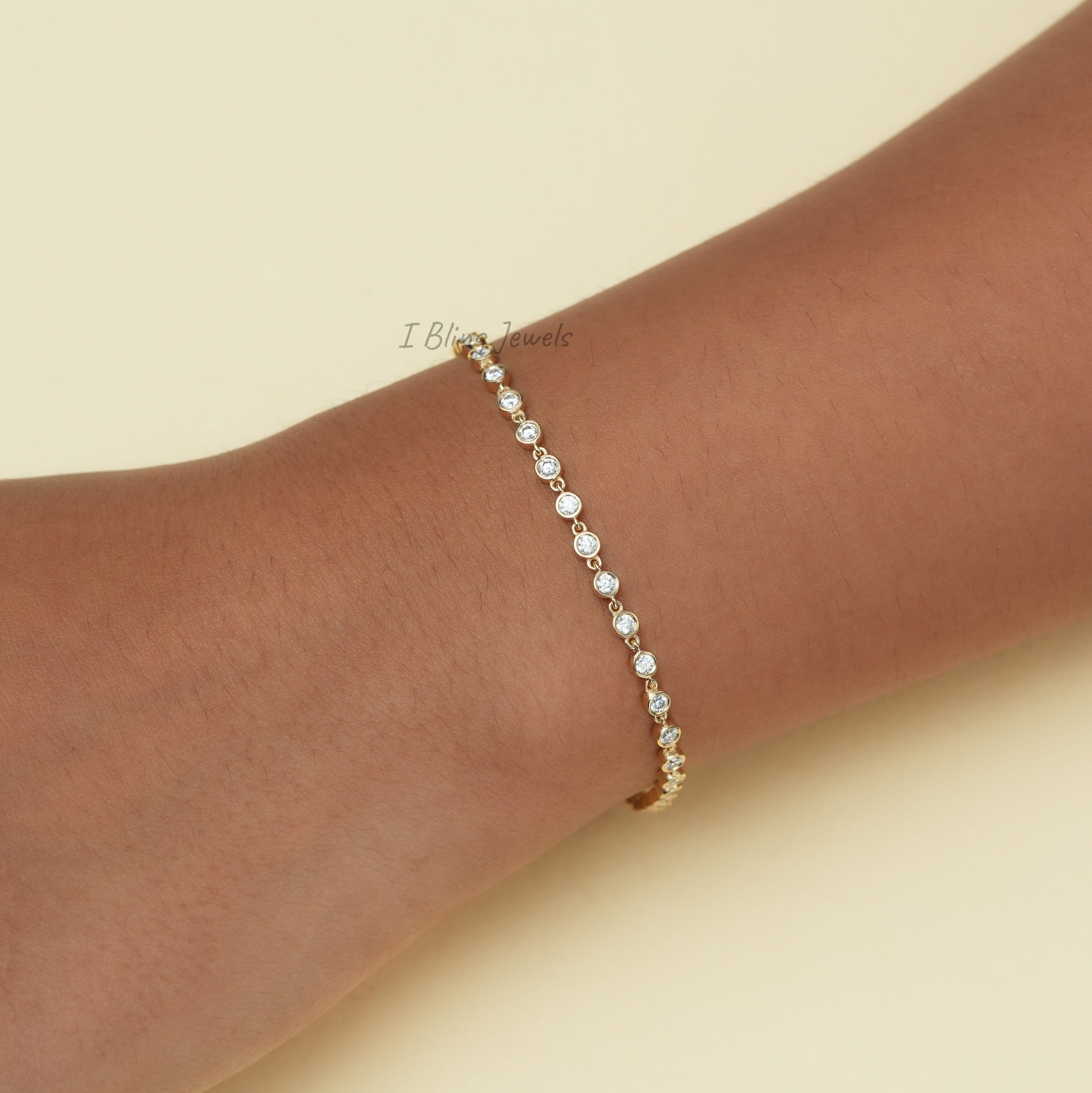 2.00 MM Round Moissanite Wedding Bracelet / Colorless Moissanite Bezel Set Bracelet For Women / Stackable Bracelet For Anniversary Gift