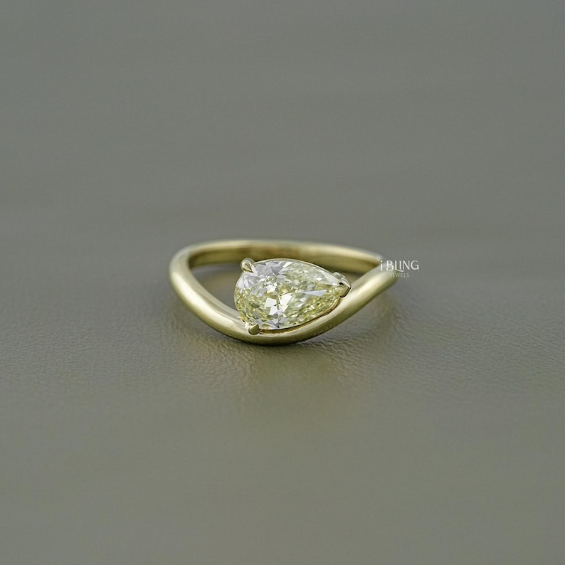 Pear Cut Lab Grown Diamond Curved Solitaire Ring/ Eco-Friendly East-West Set Diamond Ring/ 14K Solid Gold Engagement Ring/ Rings For Women