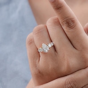 1.50 CT Pear Cut CVD Diamond Anniversary Ring / Side Diamond Round Cut Five Stone Engagement Ring / Conflict Free Diamond Proposal Ring