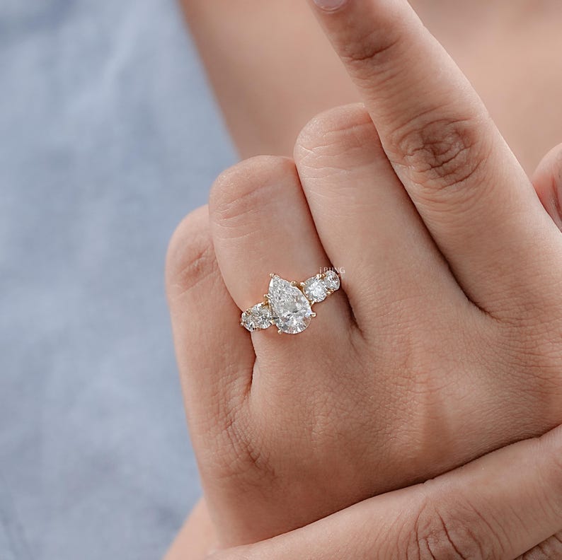 1.50 CT Pear Cut CVD Diamond Anniversary Ring / Side Diamond Round Cut Five Stone Engagement Ring / Conflict Free Diamond Proposal Ring