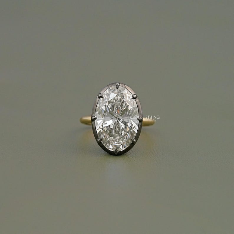 Oval Cut Man Made Diamond Solitaire Engagement Ring / 9 CT IGI Certified Diamond Prong Set Wedding Ring / Two Tone Ring For Anniversary Gift