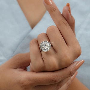 Round Cut Lab Grown Diamond Bezel Set Engagement Ring / IGI Certified Man Made Diamond Hidden Halo Wedding Ring / Birthday Gift For Her
