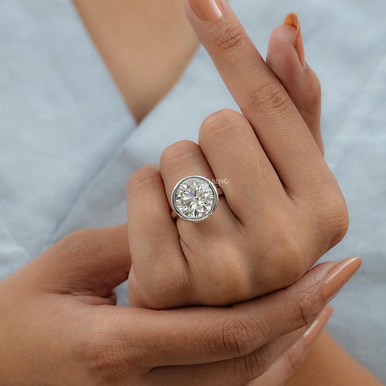 Round Cut Lab Grown Diamond Bezel Set Engagement Ring / IGI Certified Man Made Diamond Hidden Halo Wedding Ring / Birthday Gift For Her