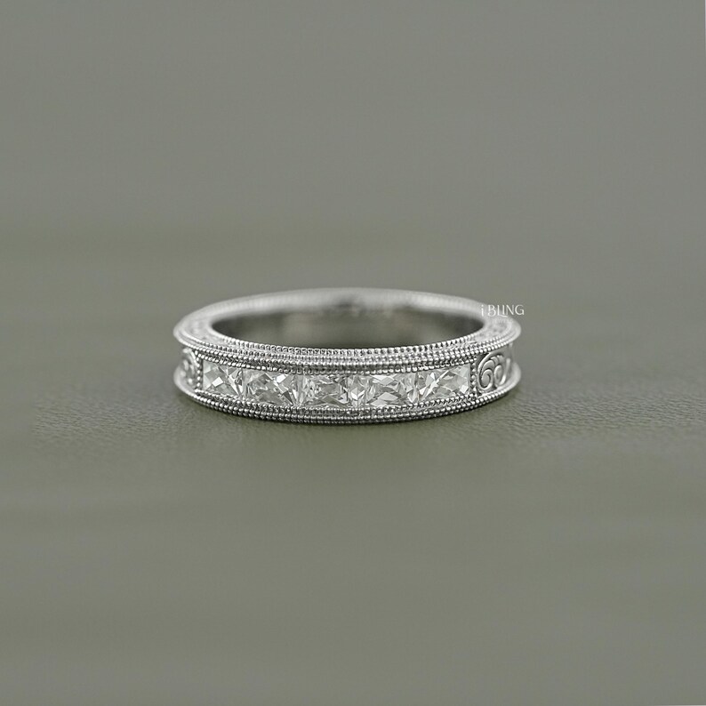French Cut Baguette Lab Grown Diamond Unisex Wedding Band/ CVD Diamond Milgrain Set Band/ Filigree Set Diamond Engagement Band/ Gift For Him