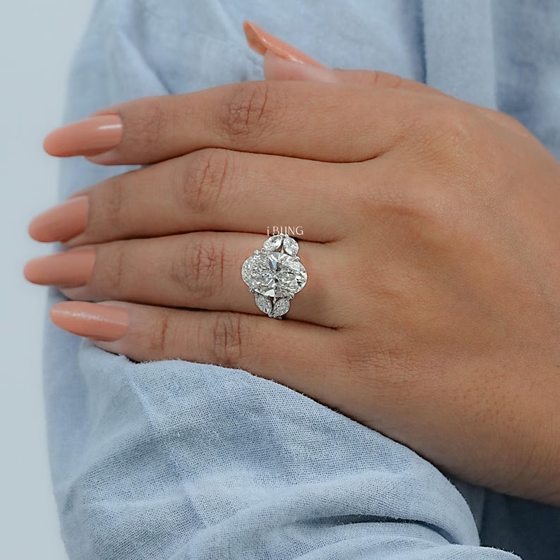 Oval Cut Lab Grown Diamond Split Shank Engagement Ring / Marquise Cut Side Diamond Prong Set Wedding Jewelry / Personalized Gift For Her