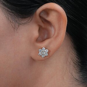 Round Lab Grown Diamond Floral Stud Earrings  14K Solid Gold Diamond Screw Back Earrings  Conflict Free Diamond Halo Stud Earrings