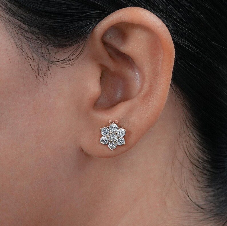 Round Lab Grown Diamond Floral Stud Earrings  14K Solid Gold Diamond Screw Back Earrings  Conflict Free Diamond Halo Stud Earrings