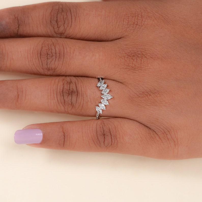 Marquise-Cut Lab Grown Diamond Band / Women's Wedding Diamond Curved Band / Marquise Diamond Vintage Band / V Shape Chevron Matching Band