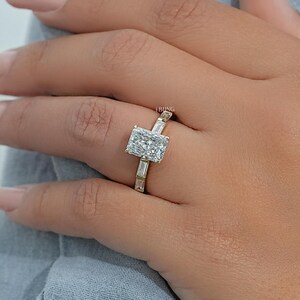 Radiant Cut Lab Diamond Engagement Ring/ Baguette Cut CVD Diamond Wedding Ring/Eco-Friendly Diamond Solitaire With Accent Ring/ Bridal Gift