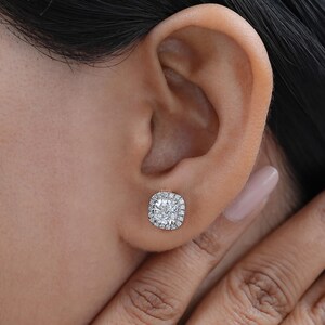 CVD Diamond Cushion Stud Earrings  Halo Lab Grown Diamond Women's Earrings  14K White Gold Screw Back Lab Made Diamond Bridal Earrings
