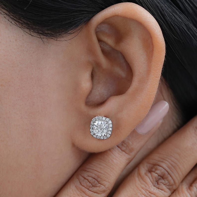 CVD Diamond Cushion Stud Earrings  Halo Lab Grown Diamond Women's Earrings  14K White Gold Screw Back Lab Made Diamond Bridal Earrings