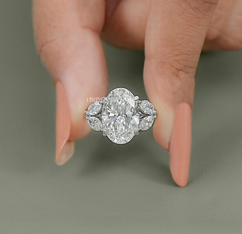 Oval Cut Lab Grown Diamond Split Shank Engagement Ring / Marquise Cut Side Diamond Prong Set Wedding Jewelry / Personalized Gift For Her