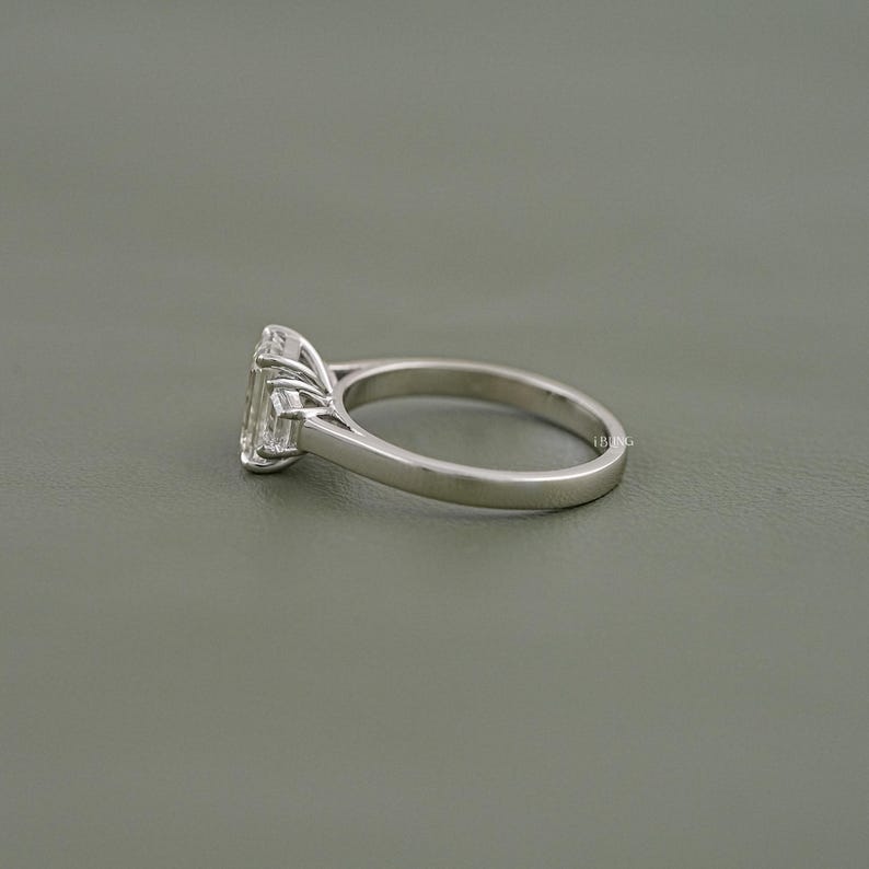 Emerald Cut Lab Diamond Three Stone Ring Step Cut Trapezoid Bridal Ring For Wedding Solid Gold Trilogy Ring Conflict Free Diamond Ring