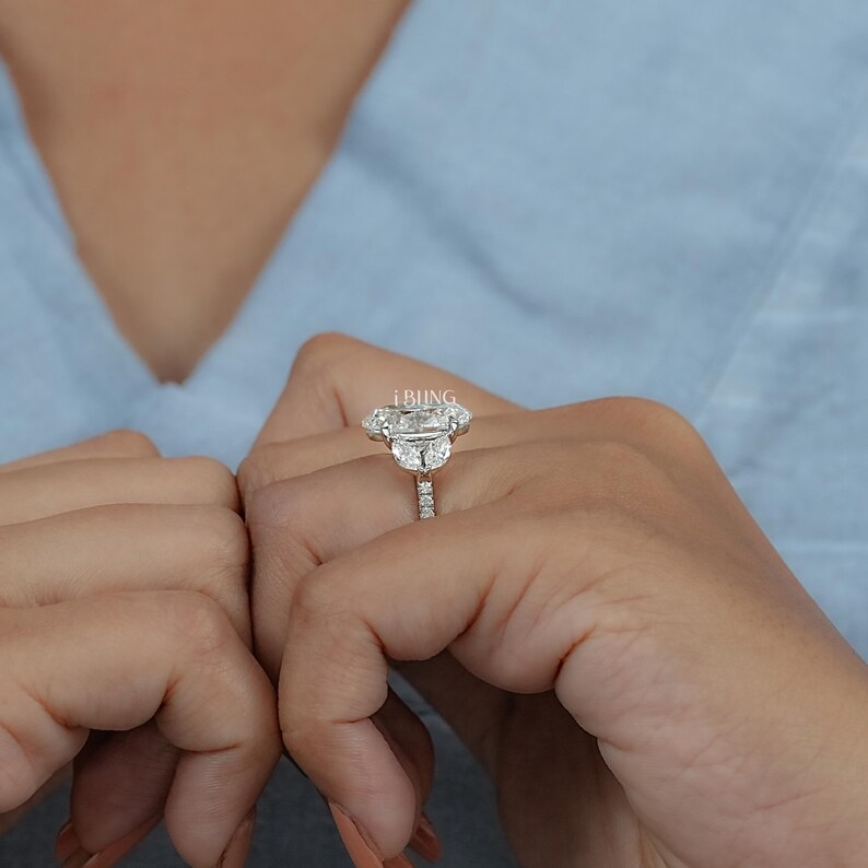 Oval Cut Lab Grown Diamond Split Shank Engagement Ring / Marquise Cut Side Diamond Prong Set Wedding Jewelry / Personalized Gift For Her