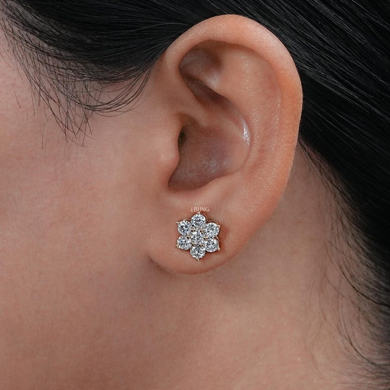 Round Lab Grown Diamond Floral Stud Earrings  14K Solid Gold Diamond Screw Back Earrings  Conflict Free Diamond Halo Stud Earrings