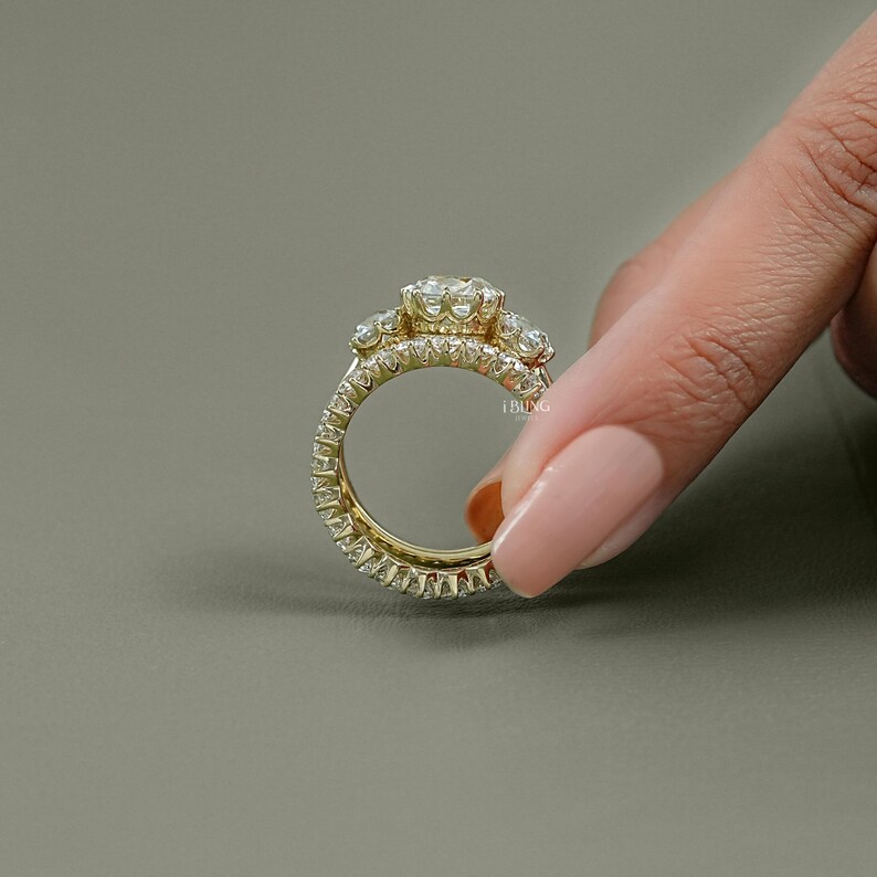 Old Mine Cushion Lab Diamond Bridal Ring Set/ CVD Diamond Matching Eternity Band/ Man Made Diamond Three Stone Ring/ Custom Ring Set For Her