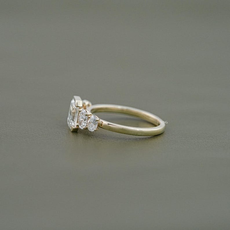 Emerald Cut CVD Diamond Five Stone Engagement Ring / EF-VS Diamond Proposal Ring / Side Diamond Oval Cut Customized Wedding Ring For Her