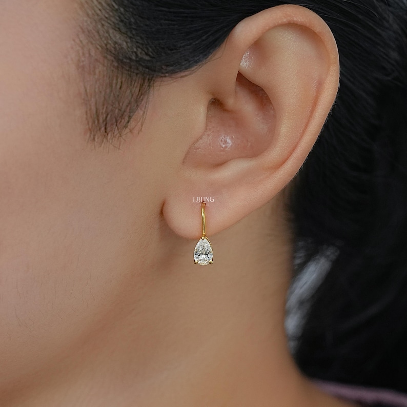 Pear Cut Lab Grown Diamond Hoop Earrings / EF- VS Clarity Conflict Free Diamond Lever Back Solitaire Gold Earrings / Bridal Gift For Her