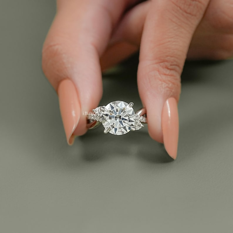 Round Cut Lab Grown Diamond Twisted Shank Solitaire Engagement Ring / Man Made Diamond Accent Wedding Ring / Anniversary Gift For Her