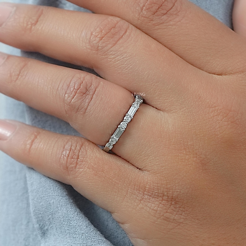 Baguette Cut Lab Diamond East West Set Band/ Round Cut CVD Diamond Half Eternity Band/ Dainty Stackable Diamond Band/ Wedding Band For Her