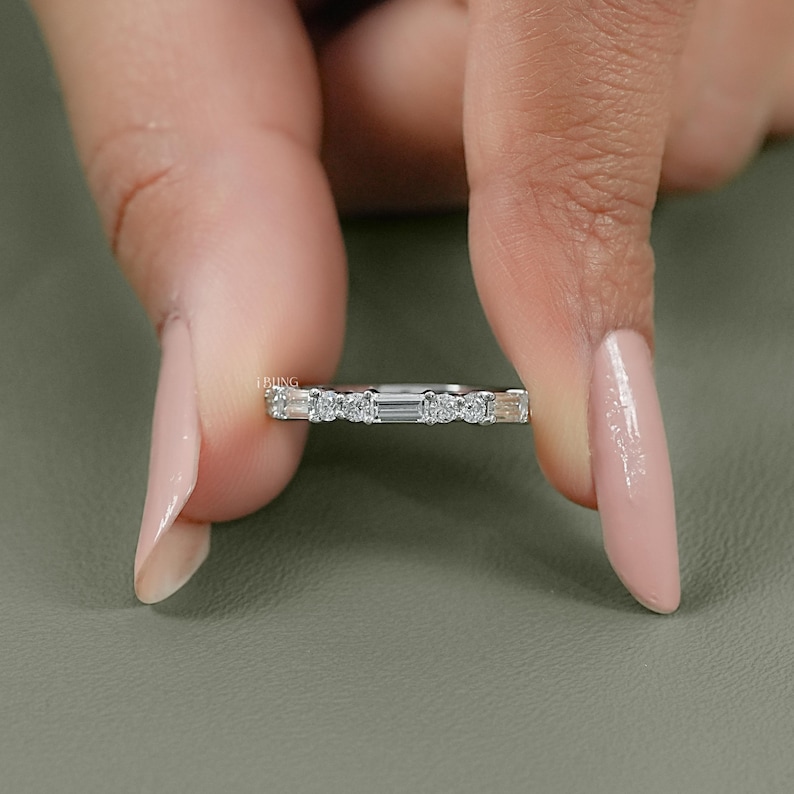 Baguette Cut Lab Diamond East West Set Band/ Round Cut CVD Diamond Half Eternity Band/ Dainty Stackable Diamond Band/ Wedding Band For Her