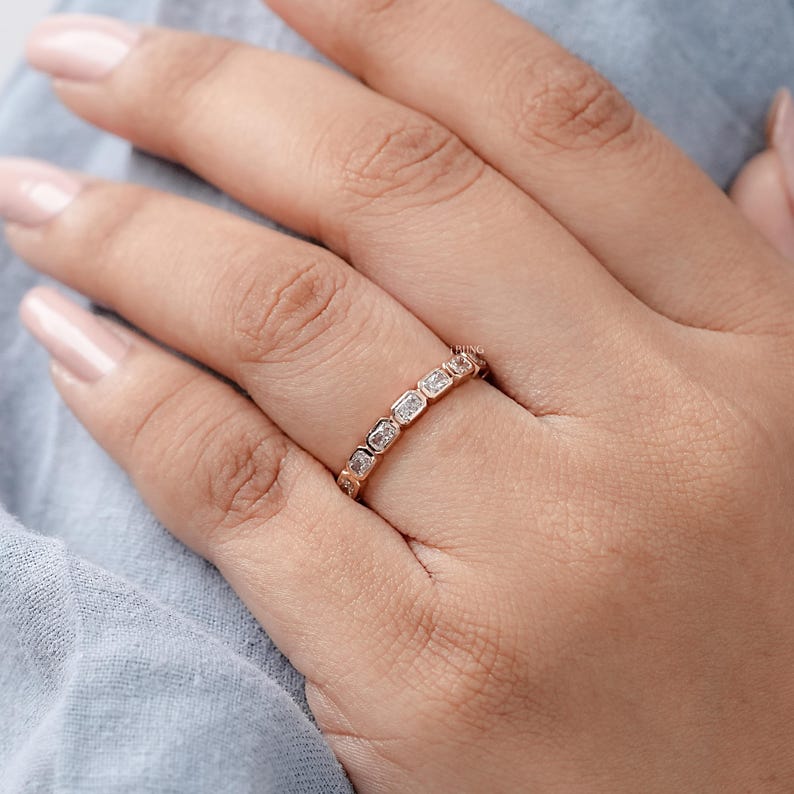 Radiant Cut Lab Diamond East West Eternity Band / 14K Solid Gold Bezel Set Wedding Band / Conflict Free Diamond 3/4 Th Anniversary Band
