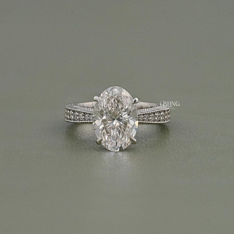 Oval Cut Lab Grown Diamond Solitaire Wedding Ring / Round Cut CVD Diamond Shared Prong Engagement Ring For Women / Anniversary Gift For Her