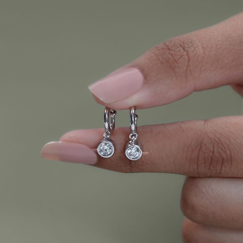 Round Cut Lab Diamond Hoop Earrings  Bezel Set CVD Diamond Dangle Earrings  Solid Gold Women's Earrings  Huggie Hoop Earrings For Her