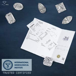 May include: A close-up of a diamond grading report from the International Gemological Institute (IGI). The report is on a blue background with several diamonds of different shapes and sizes. The diamonds are all clear and sparkly. The report includes a diagram of the diamond and its measurements. The IGI logo is visible in the lower right corner of the report.
