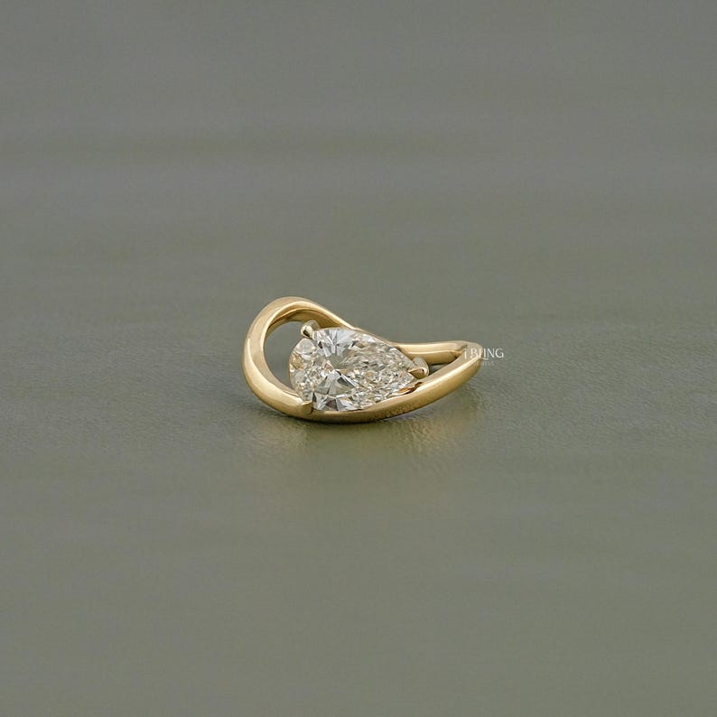 Pear Cut Lab Grown Diamond Solitaire Ring/ Eco Friendly Diamond Engagement Ring/ CVD Diamond East West Set Curved Bridal Ring/ Gift For Wife