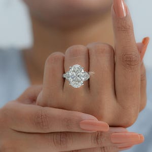 8.00 CT Oval Cut Lab Grown Diamond Trilogy Engagement Ring / IGI Certified Heart Cut Side Diamond Statement Ring / Anniversary Gift For Her