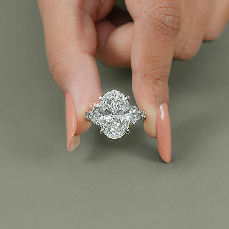 8.00 CT Oval Cut Lab Grown Diamond Trilogy Engagement Ring / IGI Certified Heart Cut Side Diamond Statement Ring / Anniversary Gift For Her