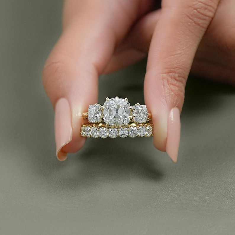 Old Mine Cushion Lab Diamond Bridal Ring Set/ CVD Diamond Matching Eternity Band/ Man Made Diamond Three Stone Ring/ Custom Ring Set For Her