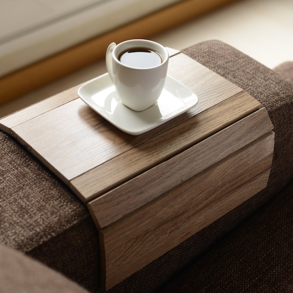Handmade Oak Veneer Sofa Arm Tray Table